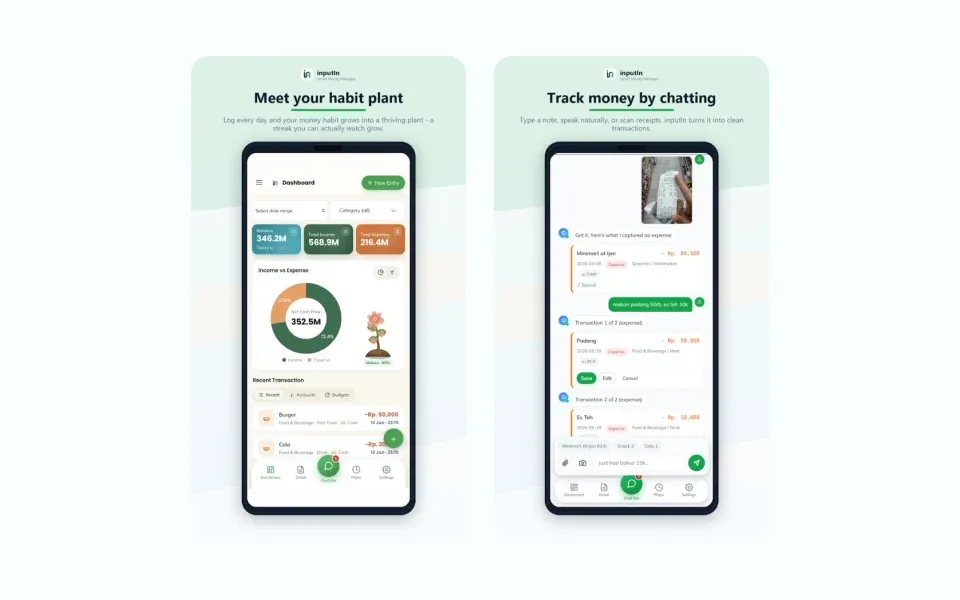 The inputIn app: habit dashboard and chat-based money tracking