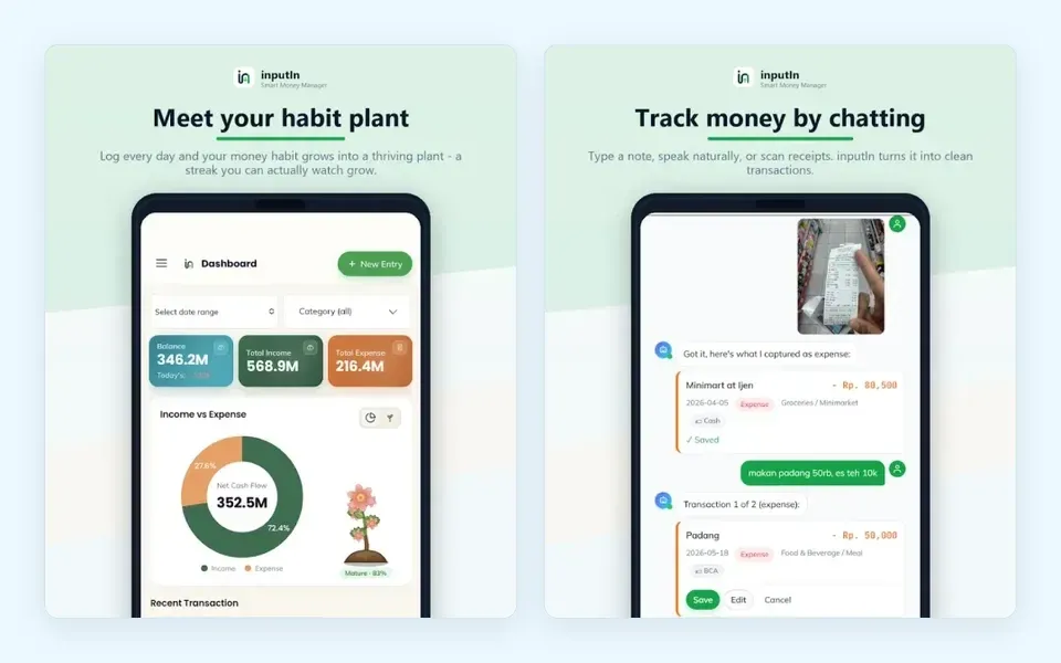 The inputIn app: habit dashboard and chat-based money tracking